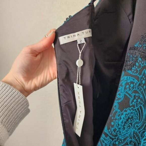TRINA TURK Sheath Cocktail Dress Halter Neckline Lace brocade NEW teal black 2 - Picture 5 of 11